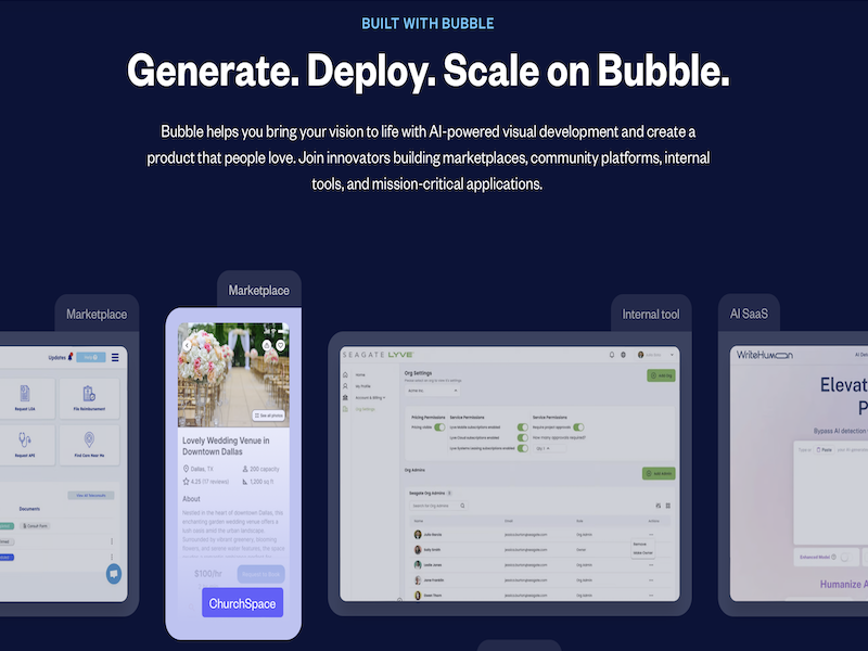 Bubble helps you bring your vision to life with AI-powered visual development and create a product that people love. Join innovators building marketplaces, community platforms, internal tools, and mission-critical applications. 