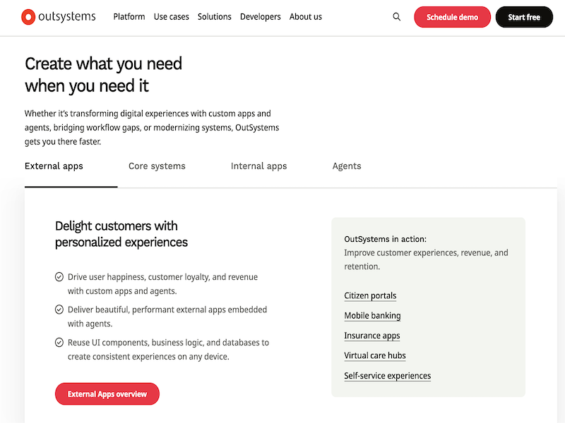 The OutSystems platform uses AI and low-code to radically transform, simplify, and accelerate application and agent delivery.

With support for the whole software development lifecycle and the ability to build AI agents without advanced coding, every step is faster, easier, and ready for the enterprise.